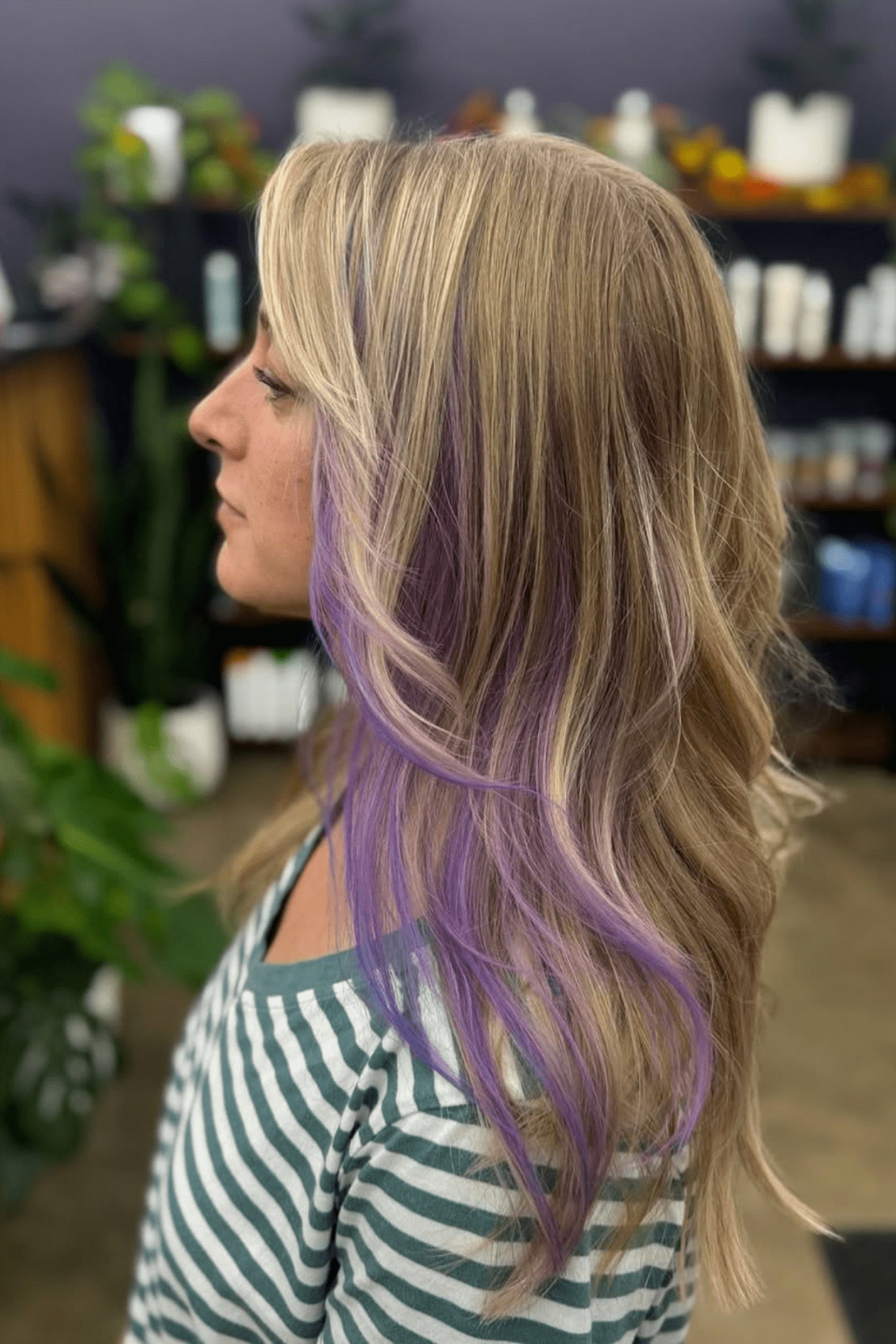 Blonde Violet Highlights Side Swept Blonde Violet Highlights Side Swept — Violet Hair