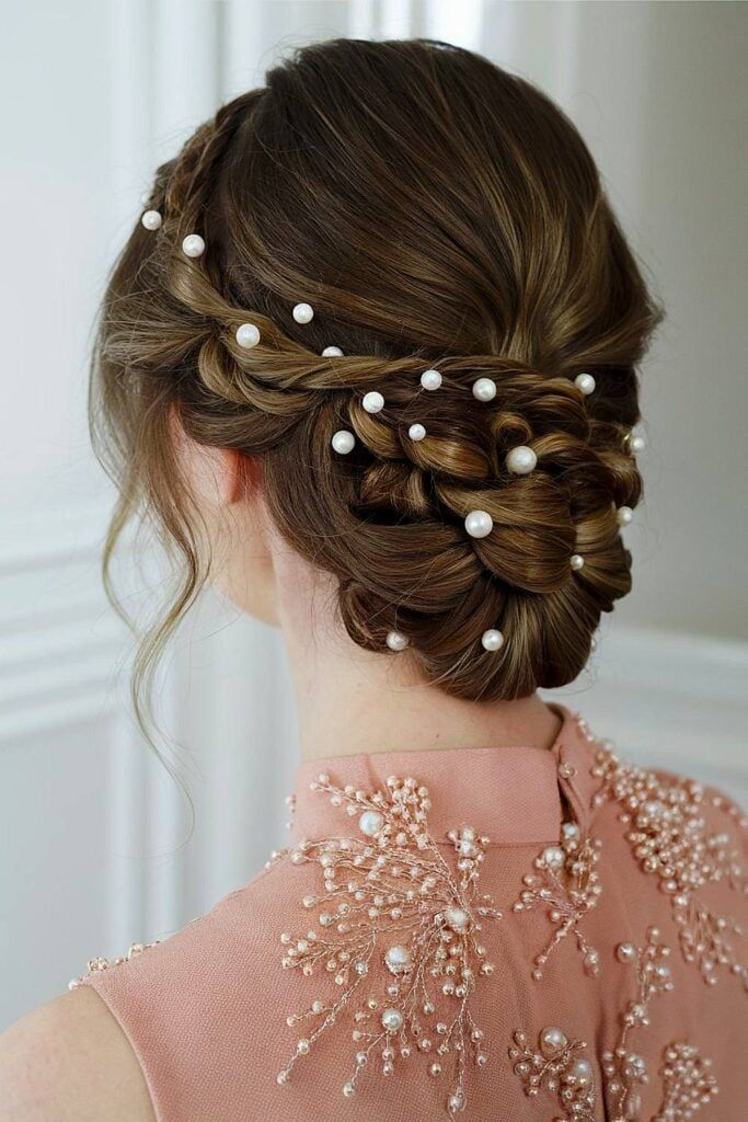 Medium Brown Braided Updo Pearls Medium Brown Braided Updo Pearls — Bridesmaid Hairstyles