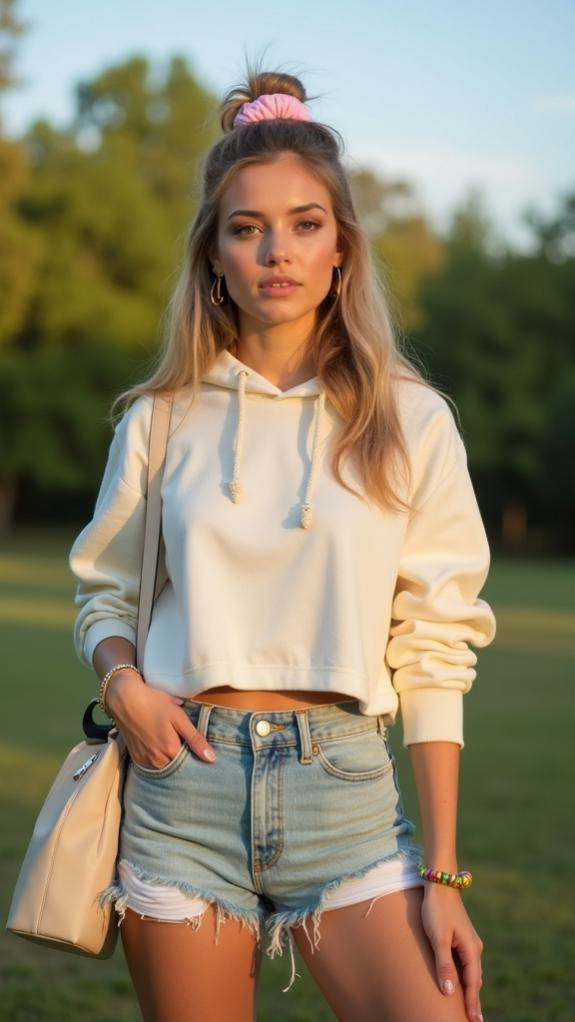 Cropped Cream Hoodie and Denim Shorts for Relaxed Kidcore — Kidcore Outfits