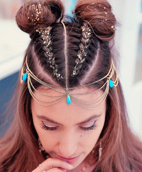 Space Buns with Glitter and Headpiece — Festival Hairstyles
