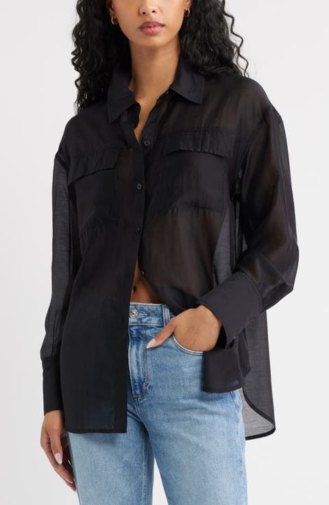 Sheer Black Oversized Button-Up Shirt with Light Blue Jeans — Oversized Shirts