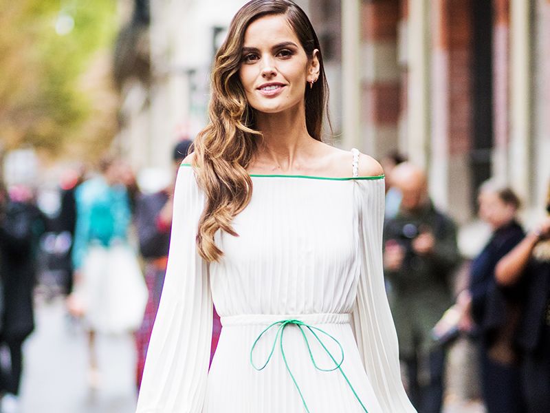 White Off-the-Shoulder Dress with Green Trim and Tie Waist — Rehearsal Dinner Dresses