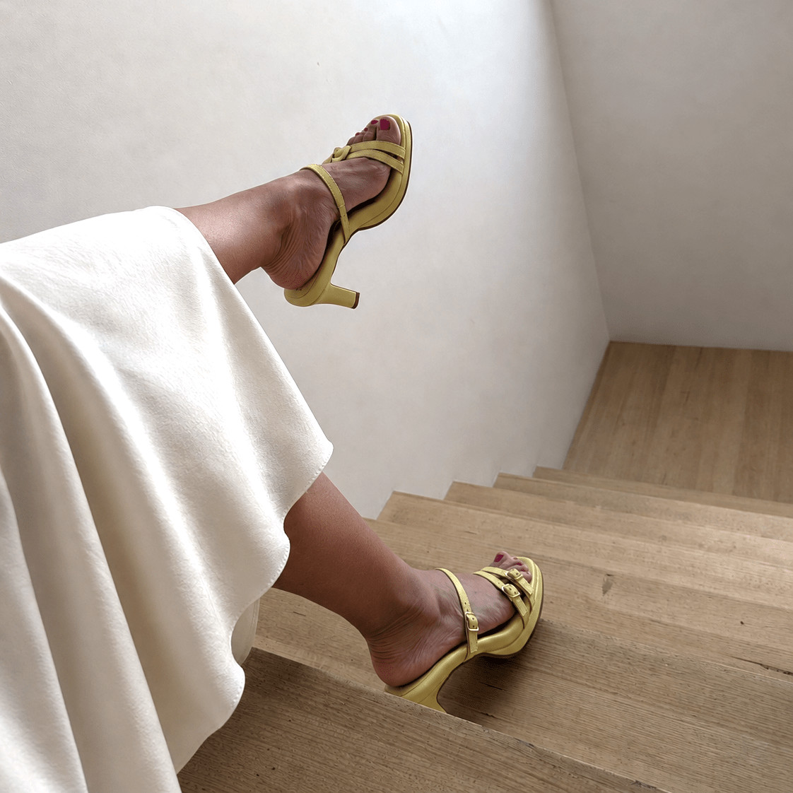 Flowing Elegance: Yellow Platform Mules with Satin Dress Flowing Elegance: Yellow Platform Mules with Satin Dress — Strappy Heels Outfits