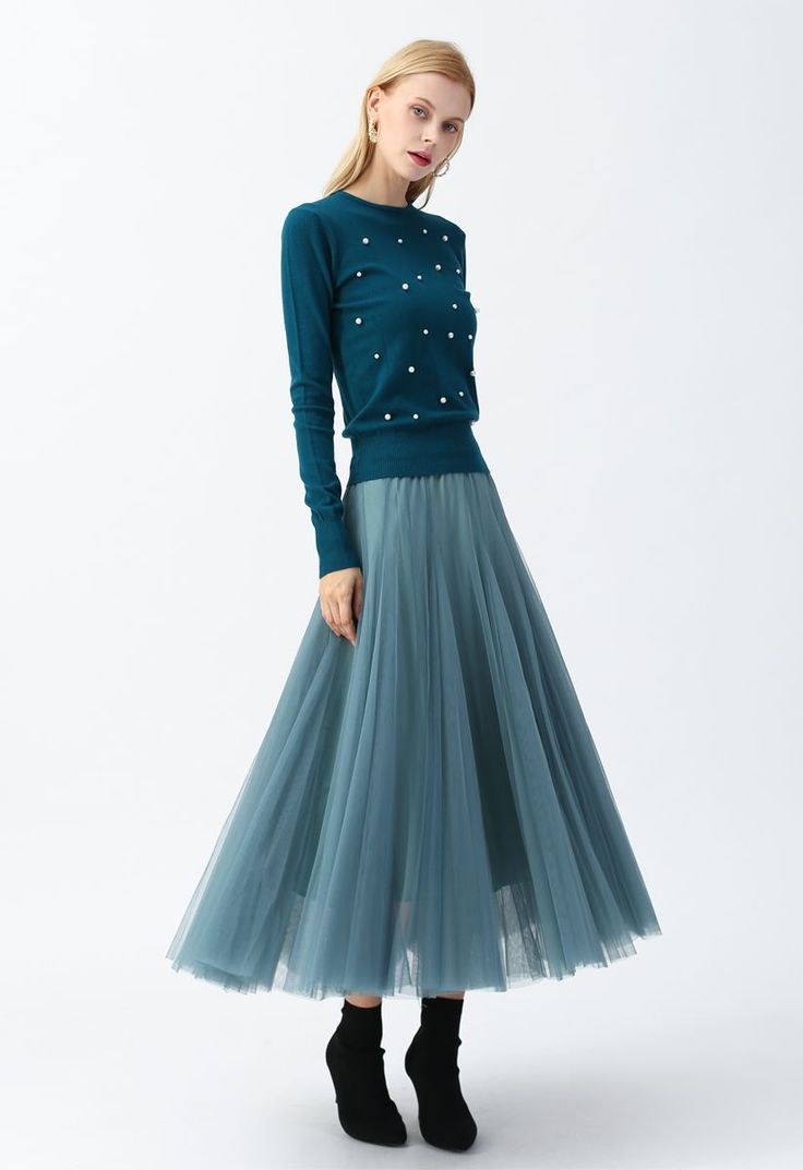 Sophisticated Smart Casual: Teal Tulle Skirt with Pearl Embellishments — Tulle Skirt Outfits