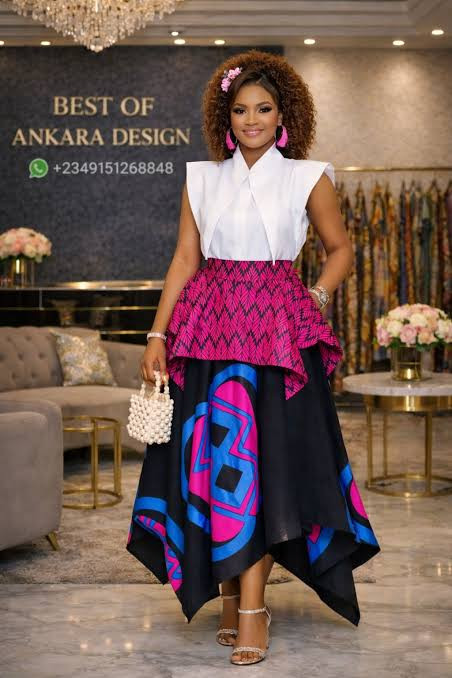 Layered Ankara Skirt with Contrasting Prints and White Shirt Layered Ankara Skirt with Contrasting Prints and White Shirt — Ankara Outfits