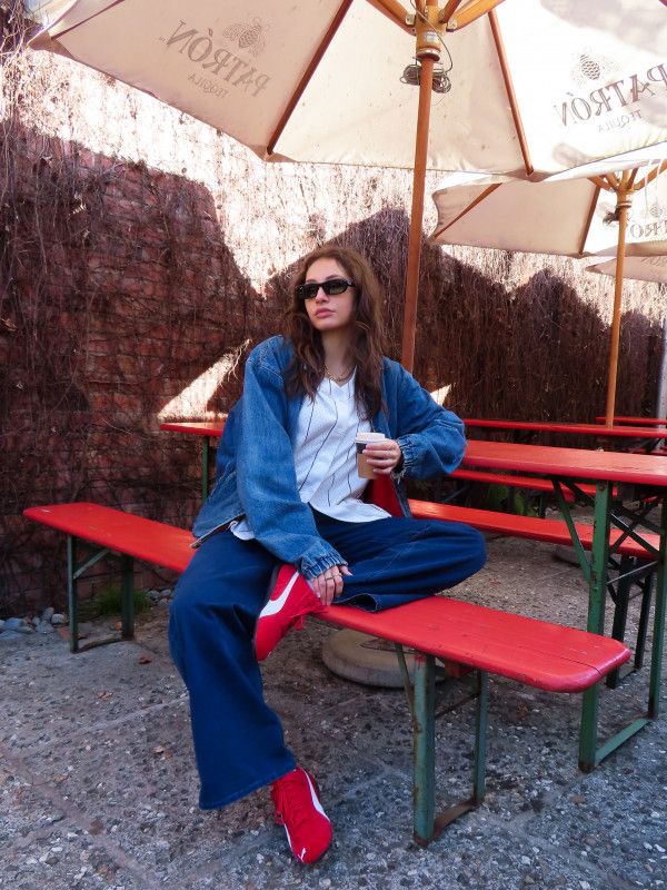 Streetwear Statement: Wide-Leg Jeans, Denim Jacket, and Red Speedcats Streetwear Statement: Wide-Leg Jeans, Denim Jacket, and Red Speedcats — Puma Speedcat Outfits