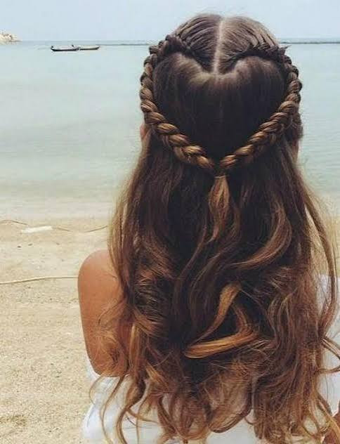 Dark Brown Half-Up with Heart Braid Dark Brown Half-Up with Heart Braid — Heart Part Braids