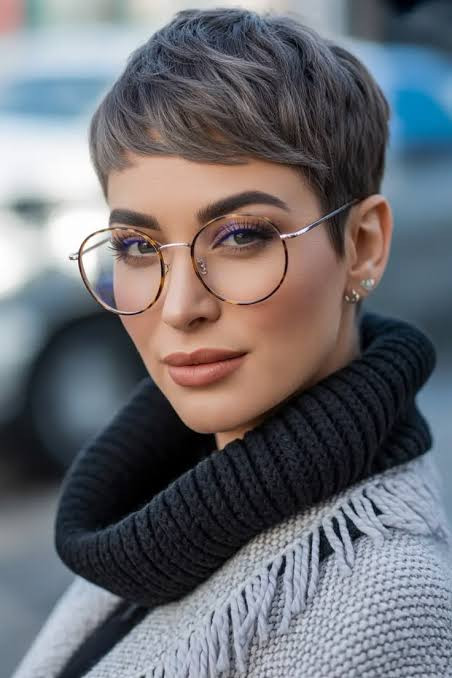 Grey-Brown Pixie With Textured Ends Grey-Brown Pixie With Textured Ends — Pixie with Glasses