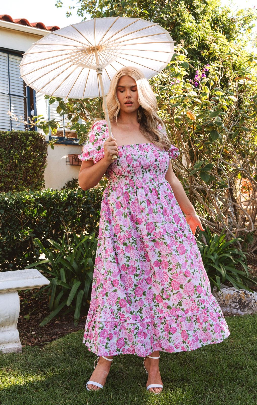 Pink Floral Smocked Bodice Tea Length Dress with Puff Sleeves and Block Heels Pink Floral Smocked Bodice Tea Length Dress with Puff Sleeves and Block Heels — Tea Length Dresses