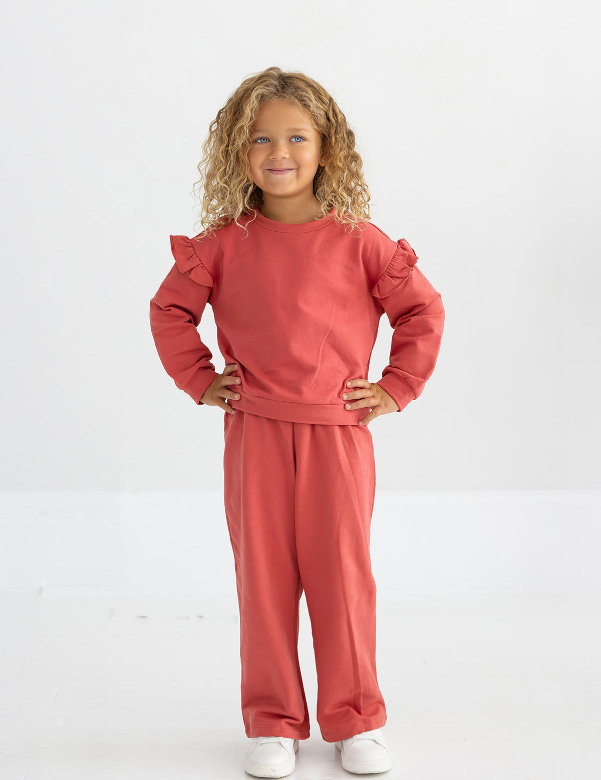 Coral Knit Set with Ruffled Shoulders for Casual Wear Toddler Girl Outfits