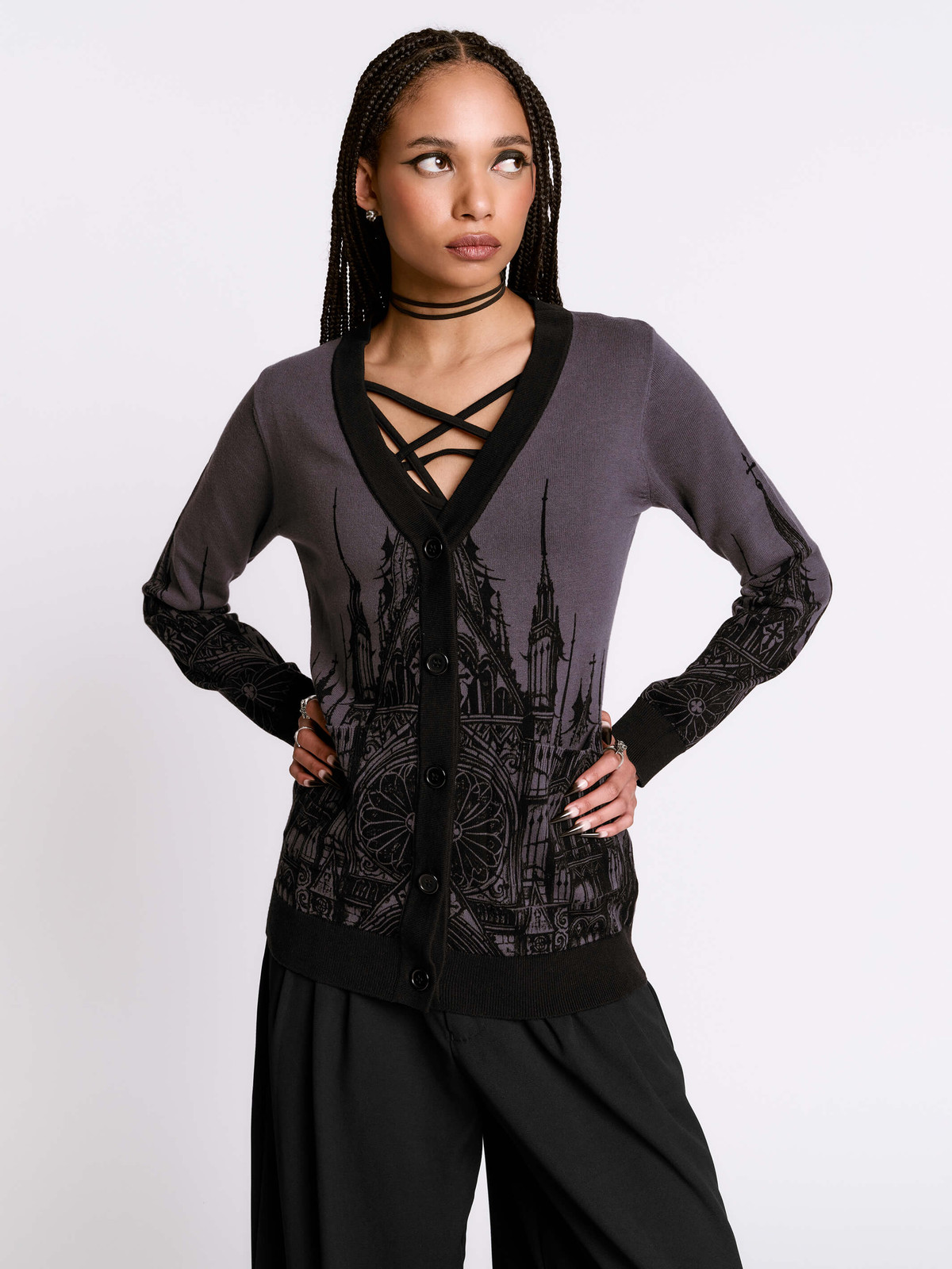 Gothic Print Knit Cardigan Layered Look Gothic Print Knit Cardigan Layered Look — Witchy Outfits