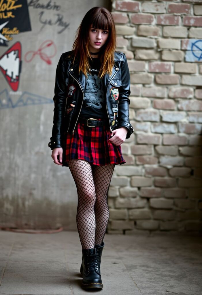 Leather Jacket with Plaid Skirt and Fishnets Leather Jacket with Plaid Skirt and Fishnets — Metalhead Outfits