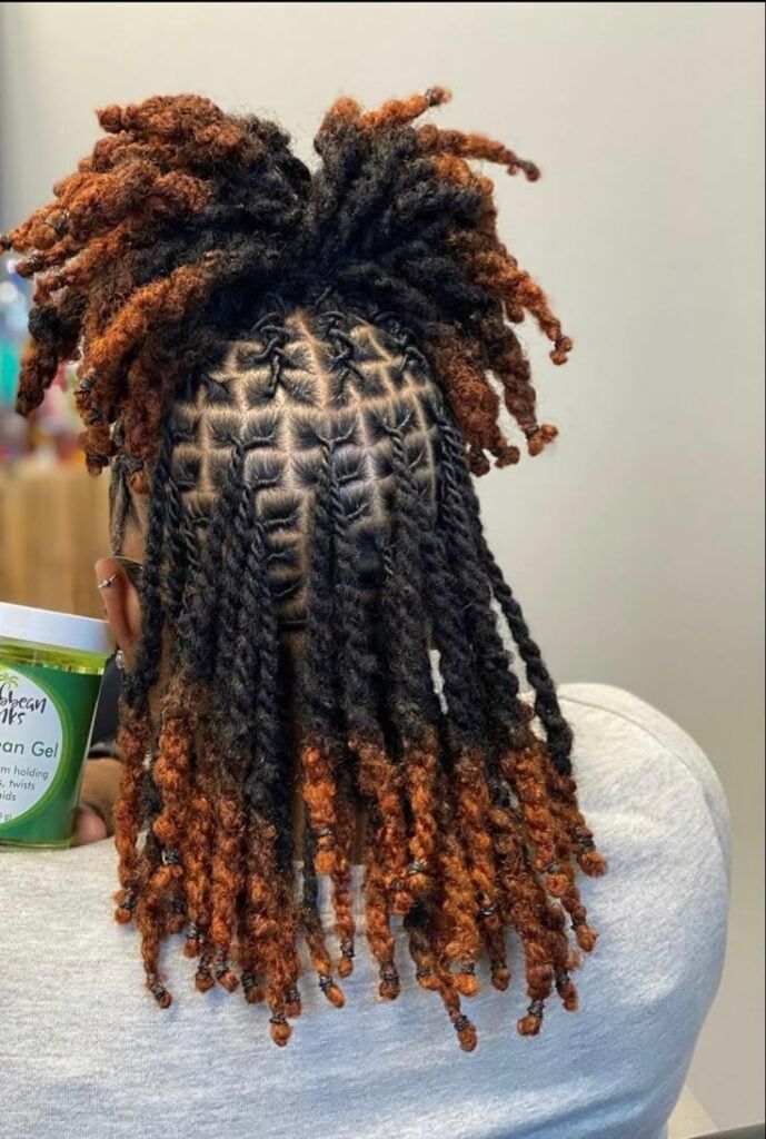 Geometric Braids With Black and Brown Locs Geometric Braids With Black and Brown Locs — Loc Half Up Half Down