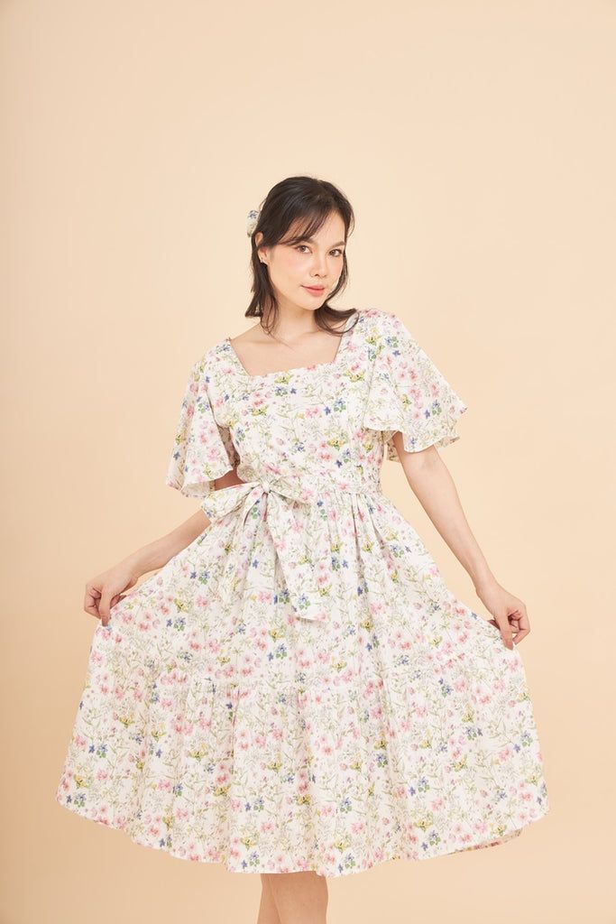 Floral Print Cotton Midi Dress with Flutter Sleeves and Bow Detail — Nursing Friendly Dresses