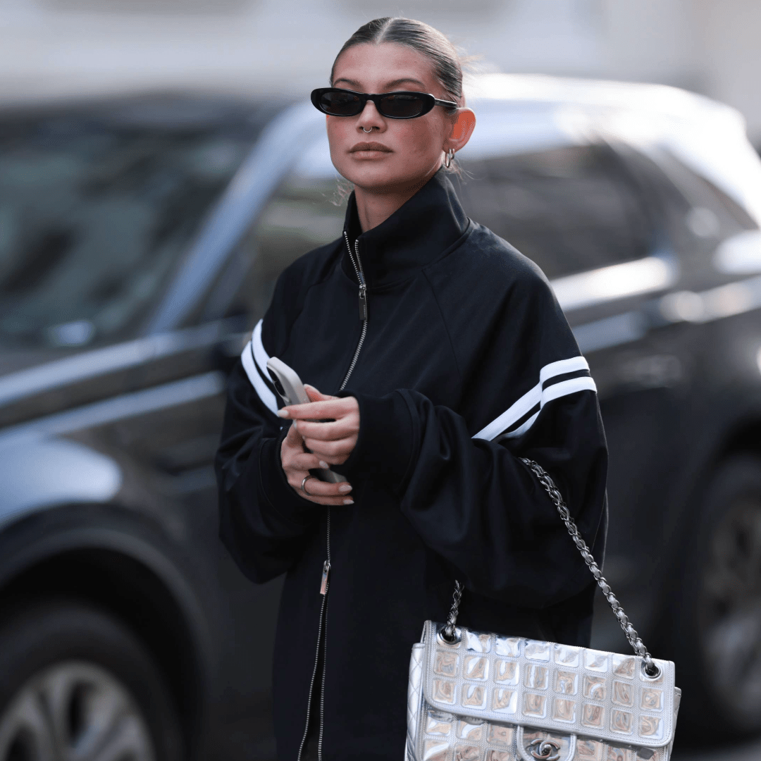 Chic Black Track Jacket with Silver Handbag — Track Jacket Outfits