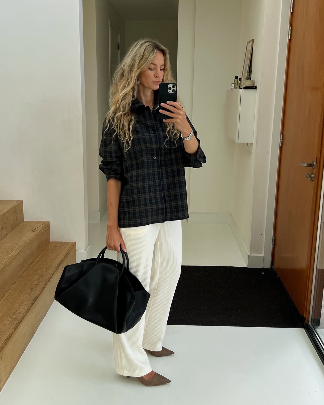Dark Grey Plaid Flannel Paired with Cream Corduroy Pants — Flannel Outfits