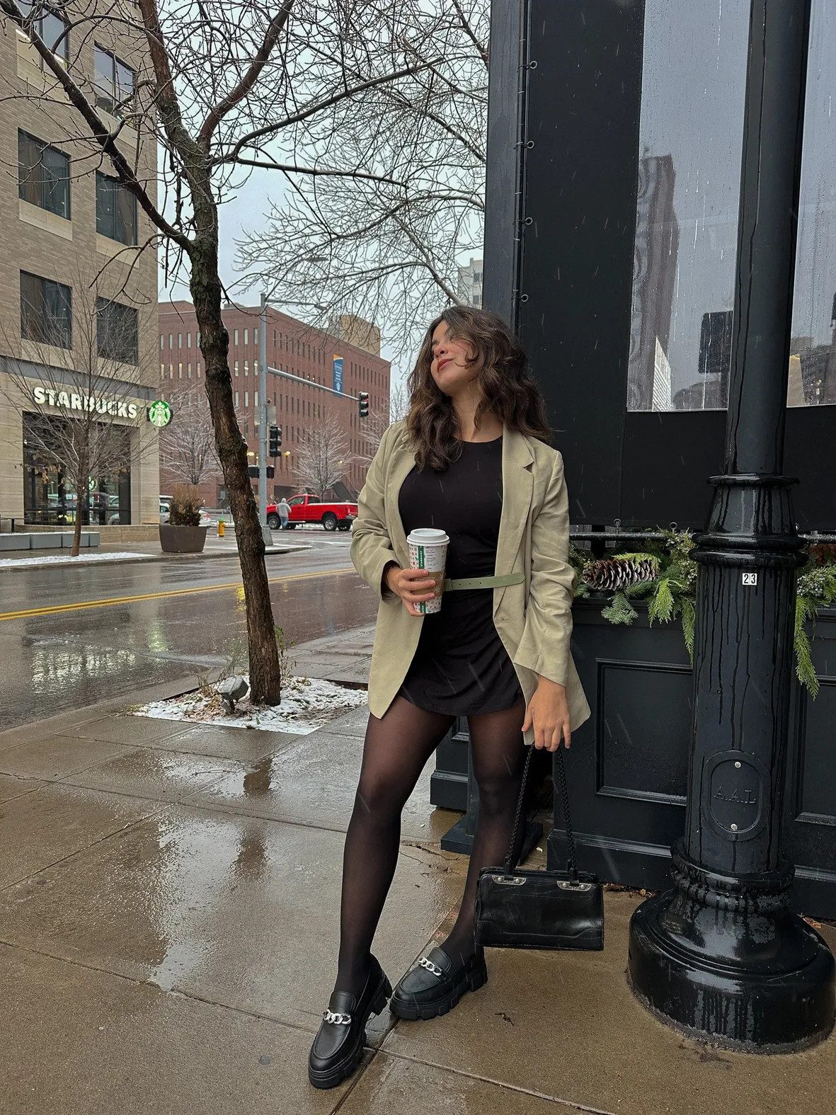 Mini Dress, Blazer, Tights, and Chain Detail Loafers — Loafers with Dress Outfits