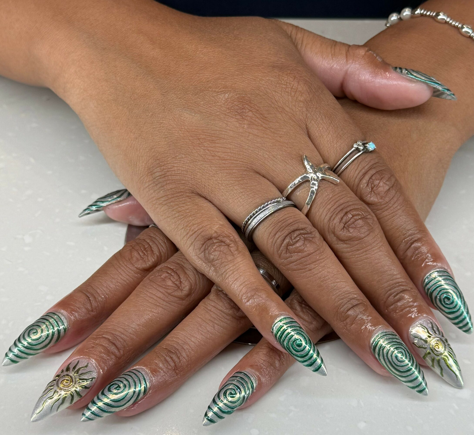 Metallic Silver Green Swirl Stiletto Metallic Silver Green Swirl Stiletto — Nashville Nails