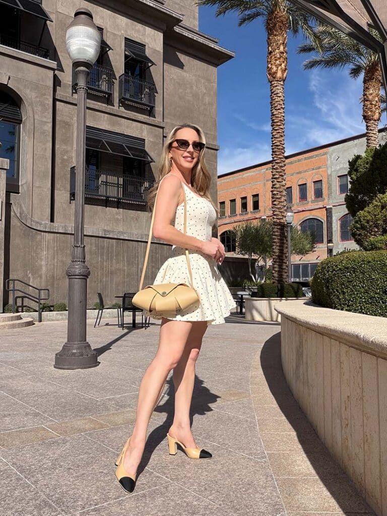 Polka Dot Mini Dress with Two-Tone Slingbacks for a Daytime Event — Slingback Heels Outfits