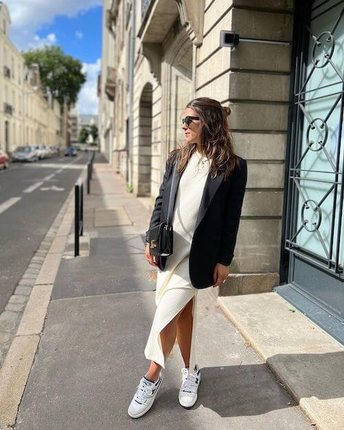 Black Oversized Blazer with Midi Dress and 550s Black Oversized Blazer with Midi Dress and 550s — New Balance 550 Outfits
