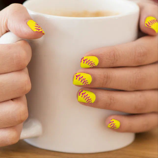 Hot Pink Softball Stitch Yellow Nails — Softball Nails