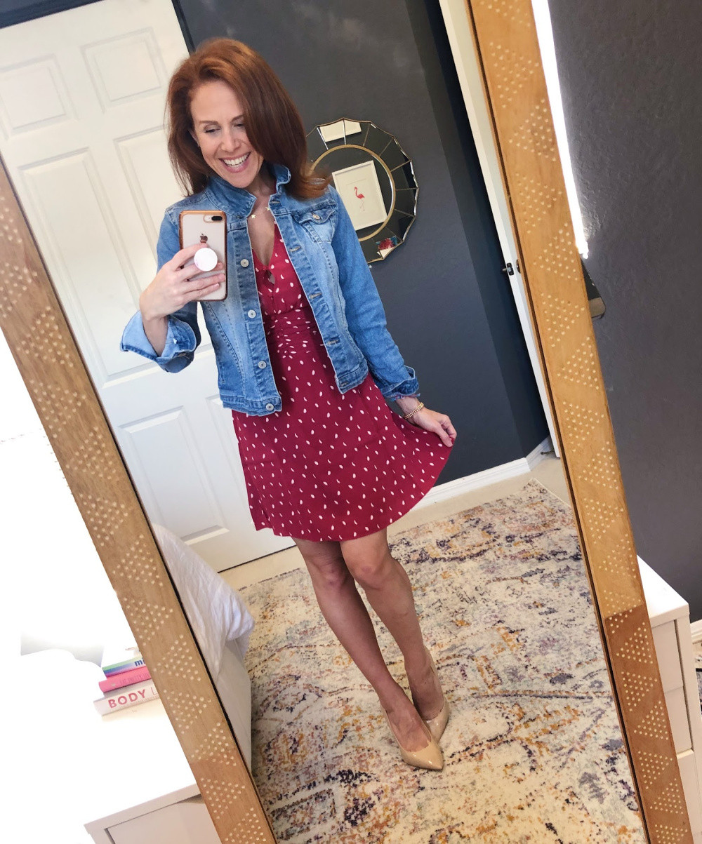Denim Jacket Layered Over a Red Printed Dress Denim Jacket Layered Over a Red Printed Dress — Florida Outfits