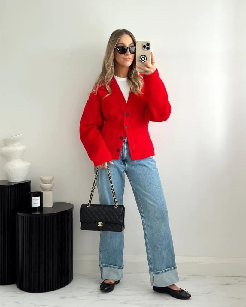 Casual Smart Casual Vibrant Red Cardigan and Black Ballet Flats with Wide-Leg Jeans — Ballet Flats with Jeans Outfits