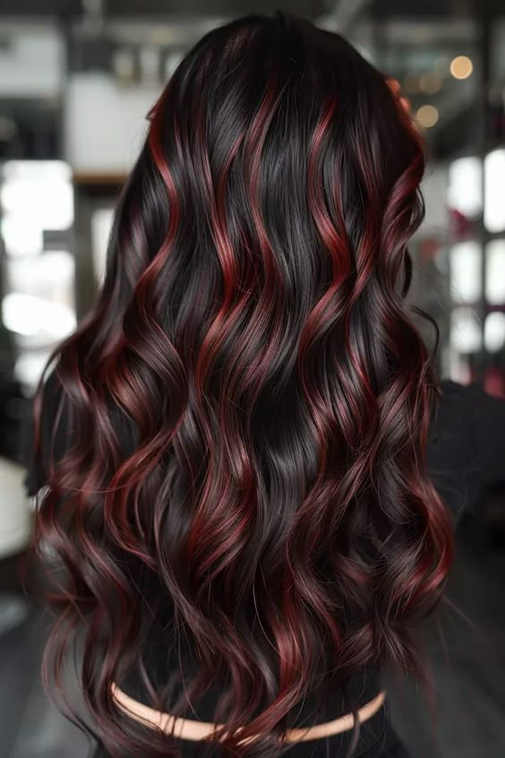 Glossy Mid-Back Waves With Red Highlights Glossy Mid-Back Waves With Red Highlights — Red Highlights on Black Hair