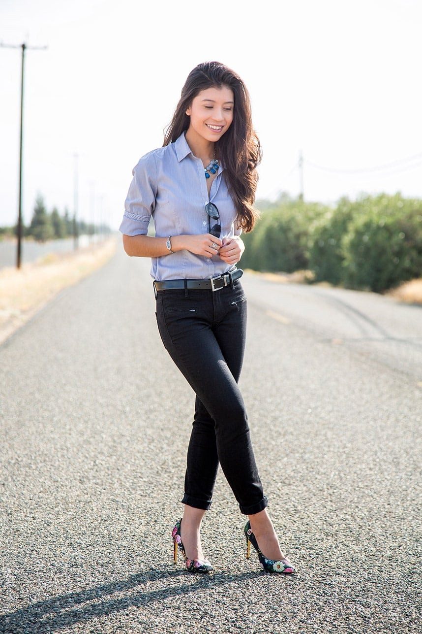 Black Skinny Jeans, Blue Shirt, and Floral Print Heels for Office — Heels with Jeans Outfits