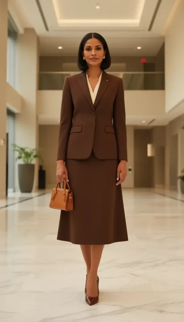 Brown Suit with A-Line Skirt and Ivory Blouse Brown Suit with A-Line Skirt and Ivory Blouse — Corporate Baddie Outfits