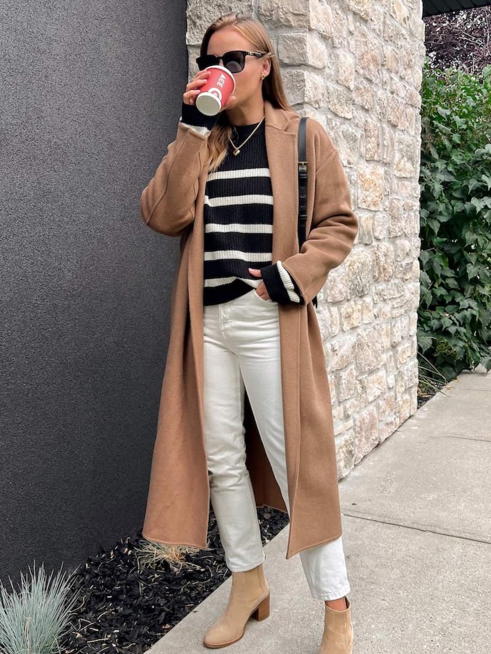 Camel Coat Over Striped Sweater and Jeans for a Chic Coffee Date Camel Coat Over Striped Sweater and Jeans for a Chic Coffee Date — Coffee Date Outfits