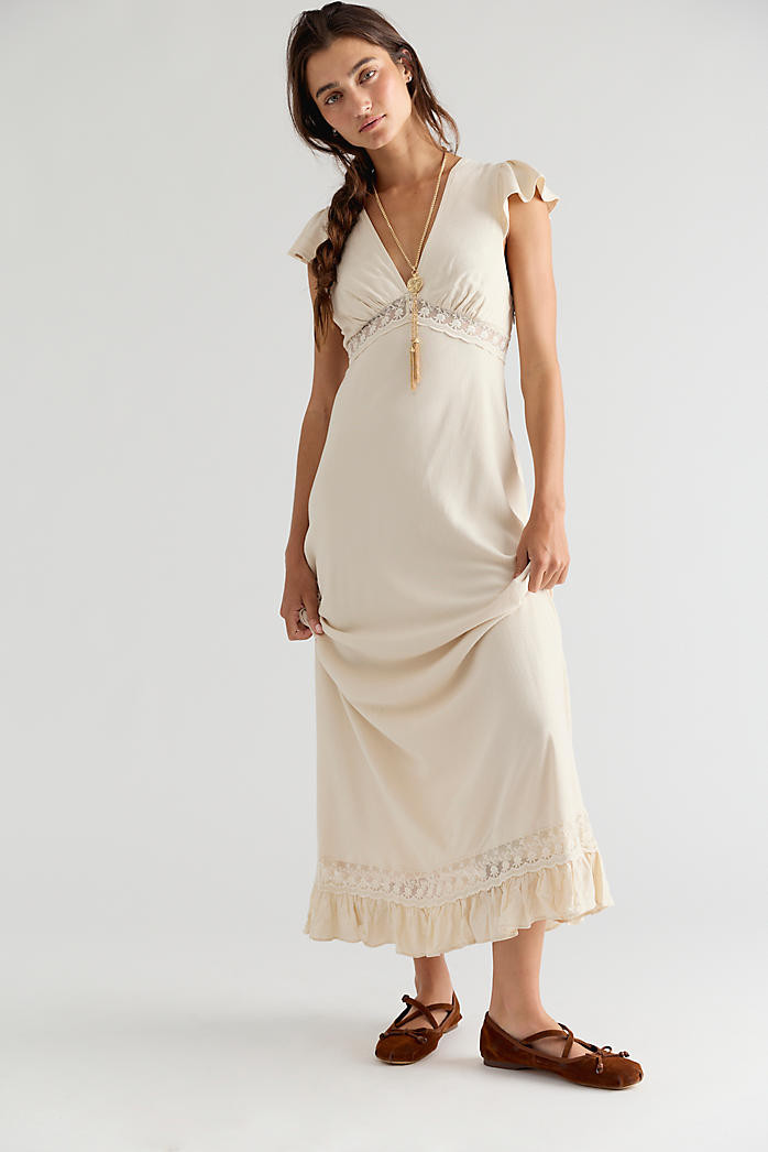 Cream Lace-Trimmed Empire Waist Maxi Dress with Ballet Flats — Milkmaid Dresses