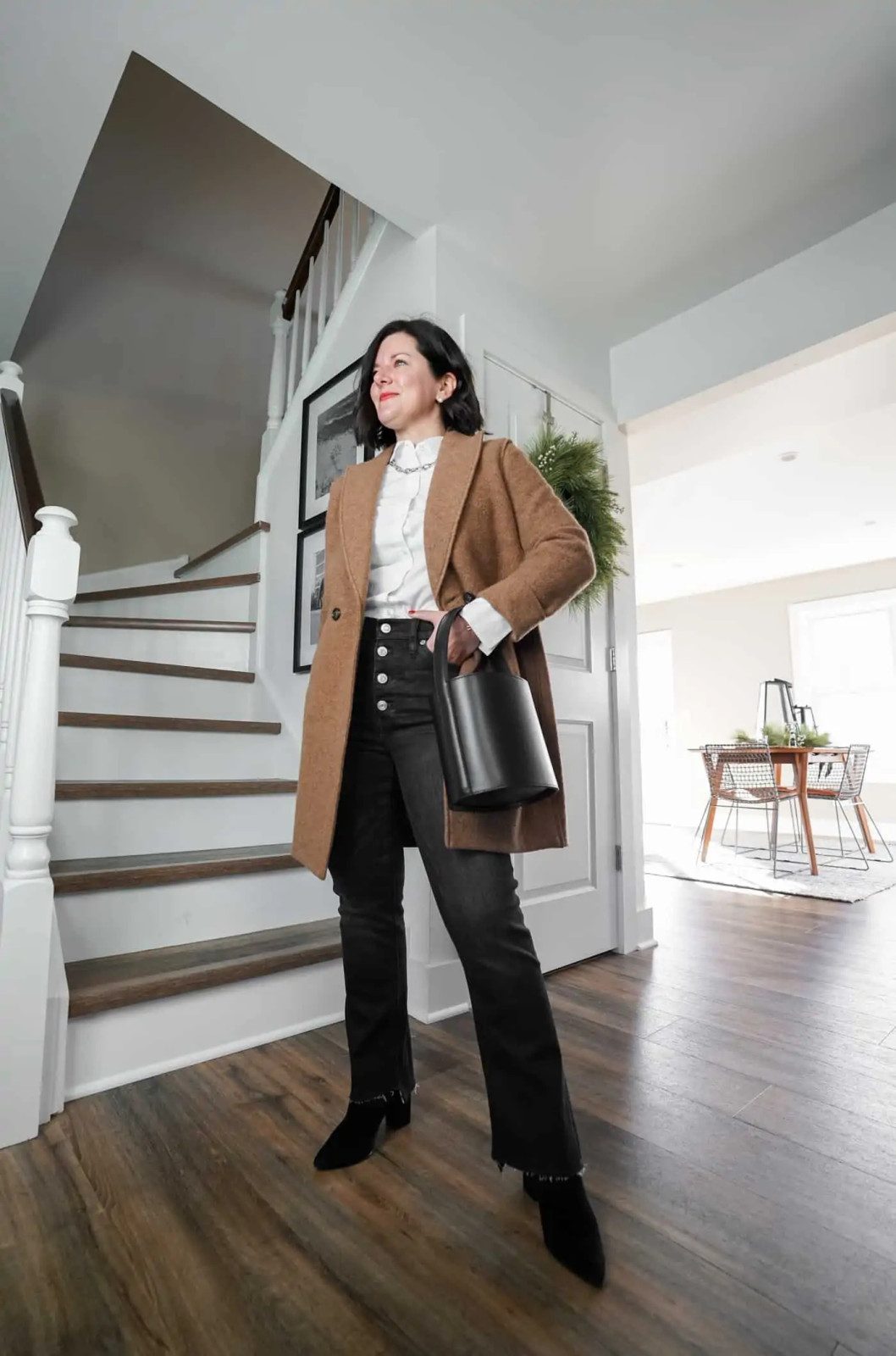 Sophisticated Camel Coat Over Denim and Blouse — Dressy Casual Outfits