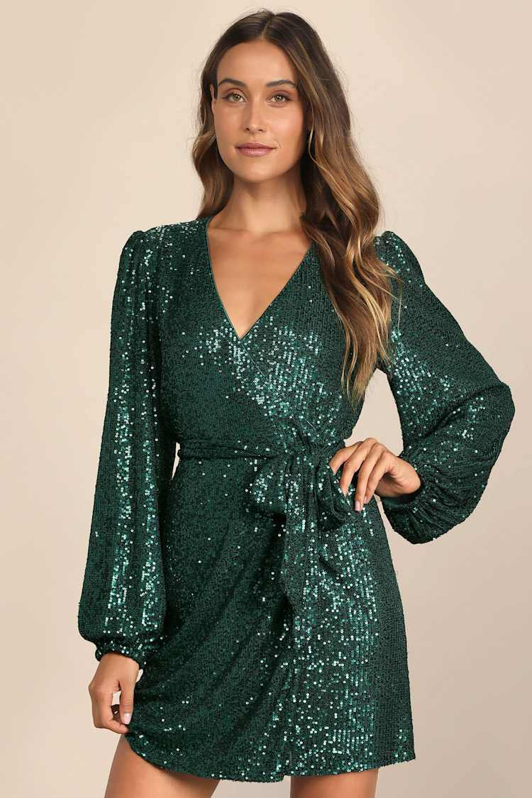 Emerald Green Sequin Wrap Dress with Balloon Sleeves Emerald Green Sequin Wrap Dress with Balloon Sleeves — Sequin Dresses