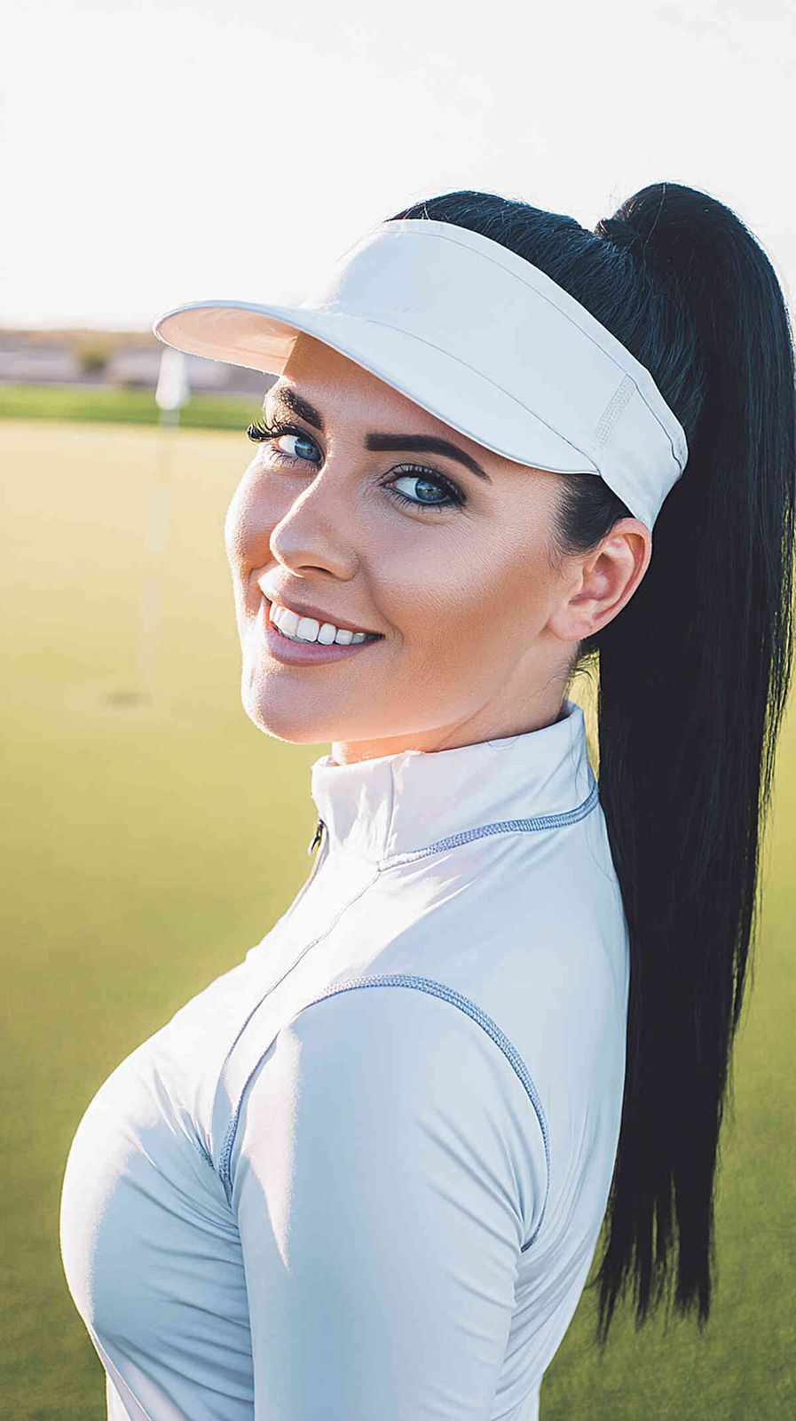 Mid-Back Sleek High Ponytail with Visor Mid-Back Sleek High Ponytail with Visor — Golf Hairstyles