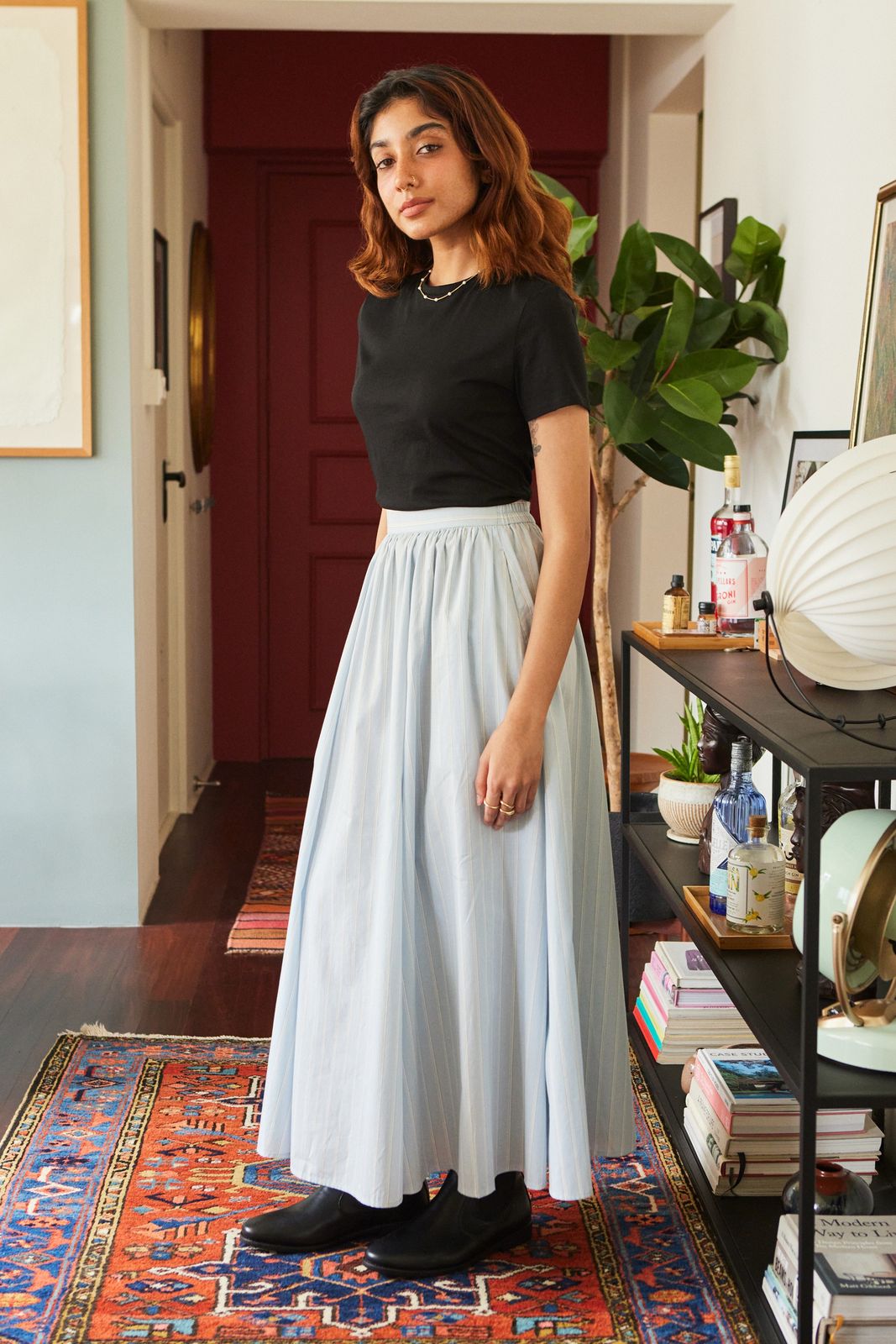 Casual Light Blue Striped A-Line Maxi Skirt with Black Tee Casual Light Blue Striped A-Line Maxi Skirt with Black Tee — A Line Skirt Outfits