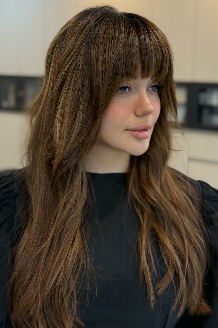 Medium Brown Shag With Balayage Medium Brown Shag With Balayage — Face Framing Layers
