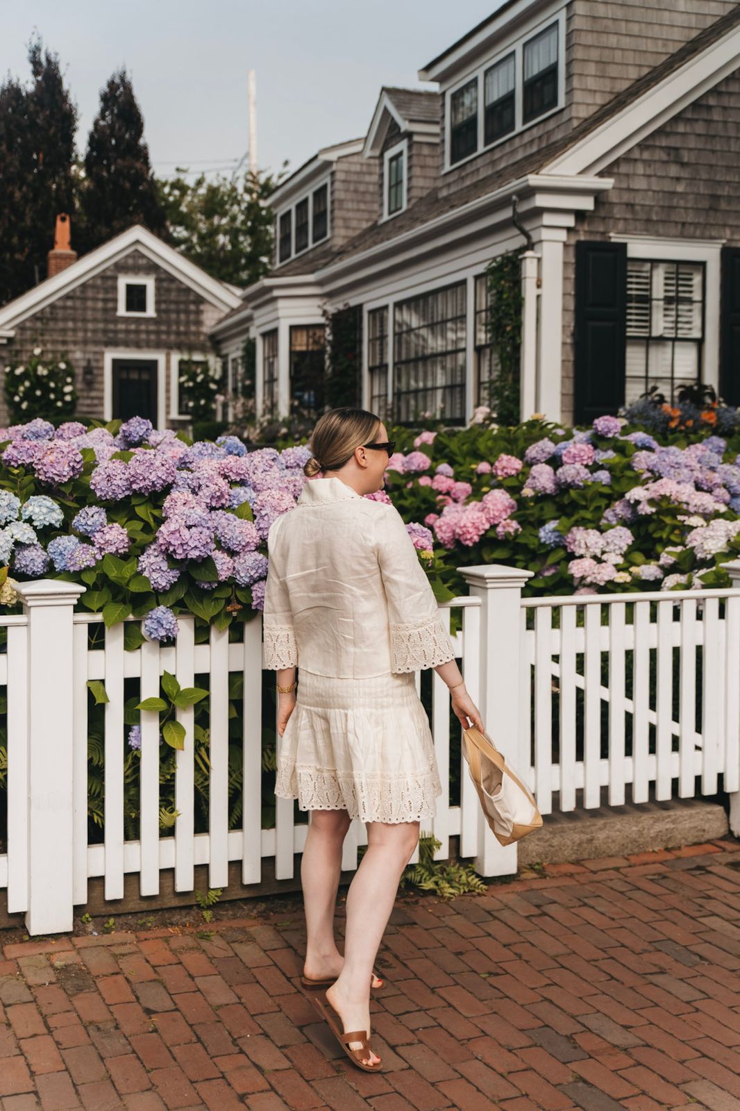 Ivory Eyelet Top and Skirt Set with Brown Sandals — Nantucket Outfits