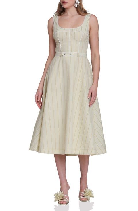 Daytime Sophistication: Cream and Gold Striped Corset Dress Daytime Sophistication: Cream and Gold Striped Corset Dress — Corset Dress Outfits