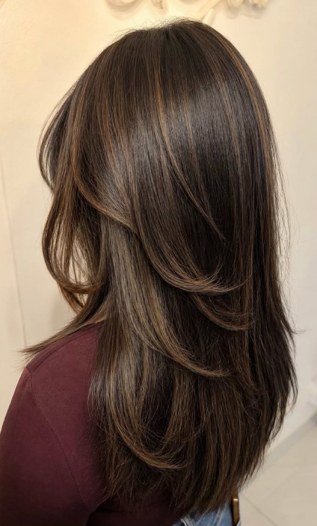 Layered Blowout Straight Dark Brown — Dimensional Brunette