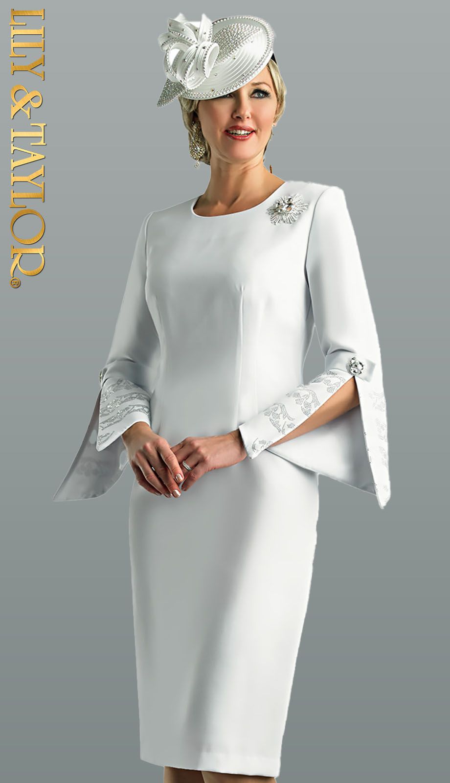 White Dress with Embellished Bell Sleeves and Matching Hat White Dress with Embellished Bell Sleeves and Matching Hat — Church Dresses