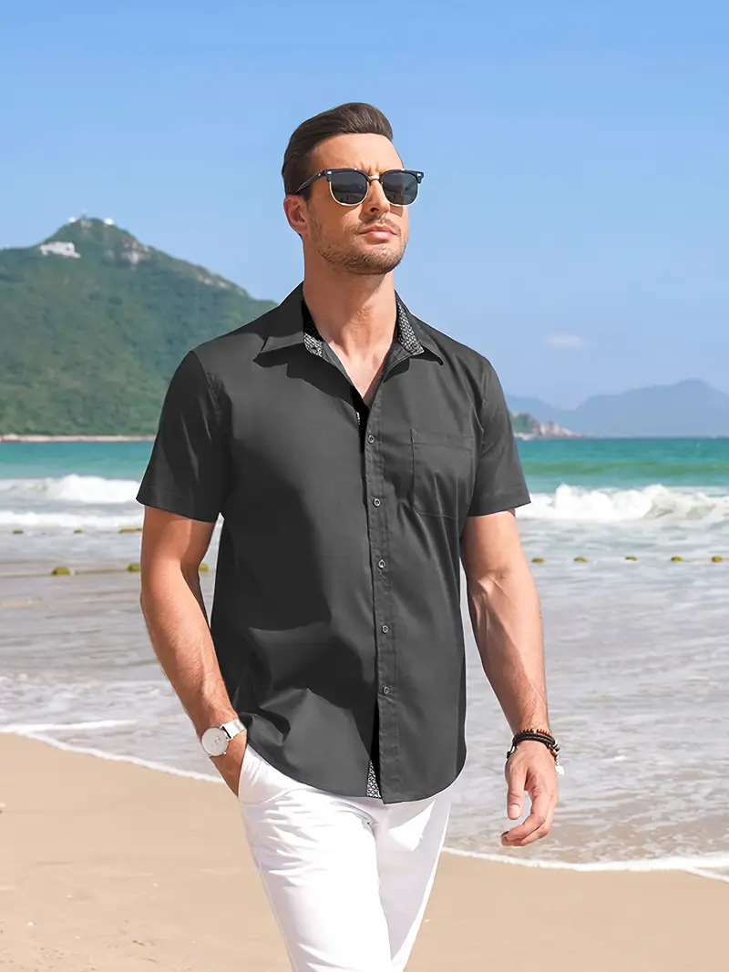 Dark Grey Short-Sleeve Shirt with White Pants for Beach Days Dark Grey Short-Sleeve Shirt with White Pants for Beach Days — Mens Vacation Outfits