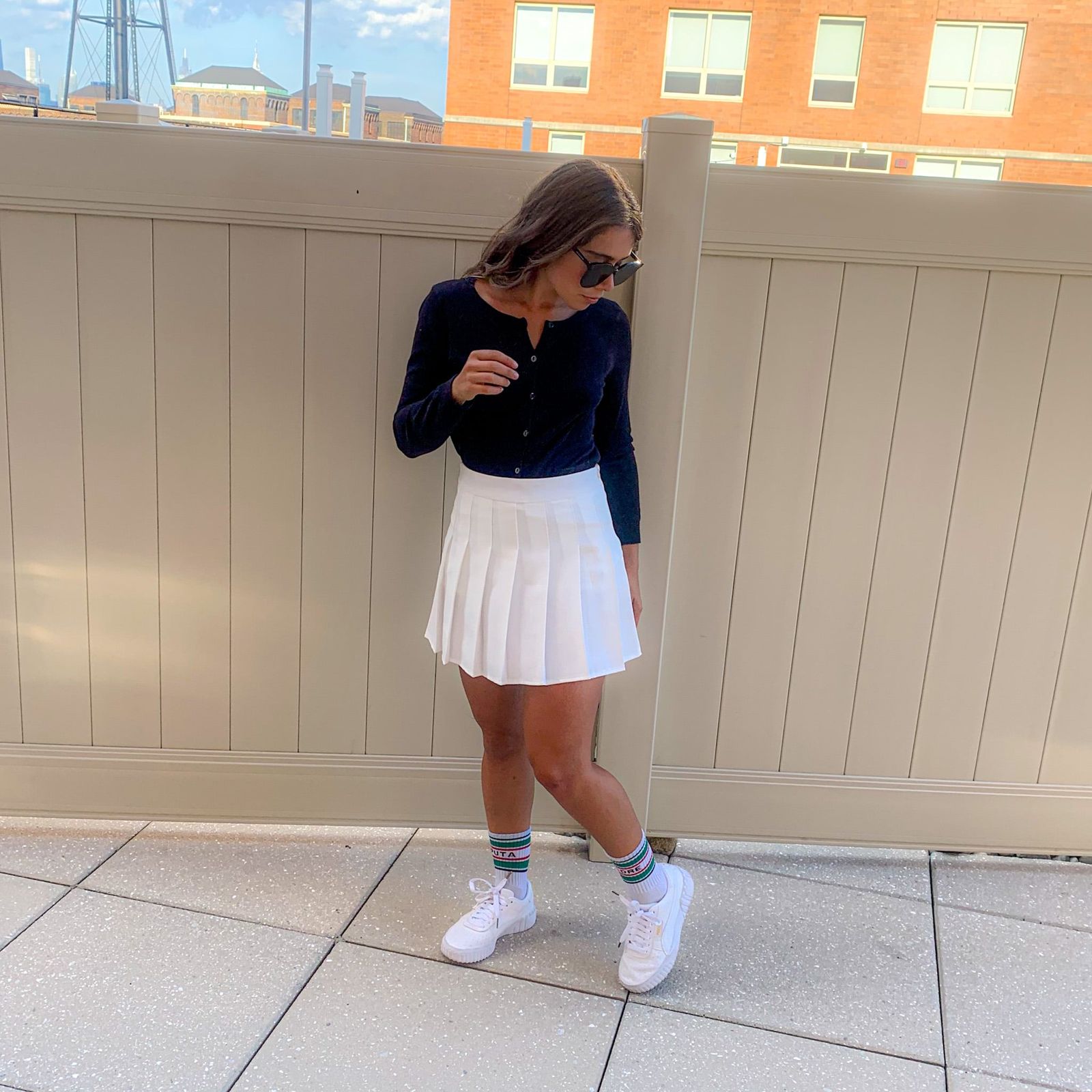 Classic Aesthetic: White Skirt with Navy Cardigan — Tennis Skirts