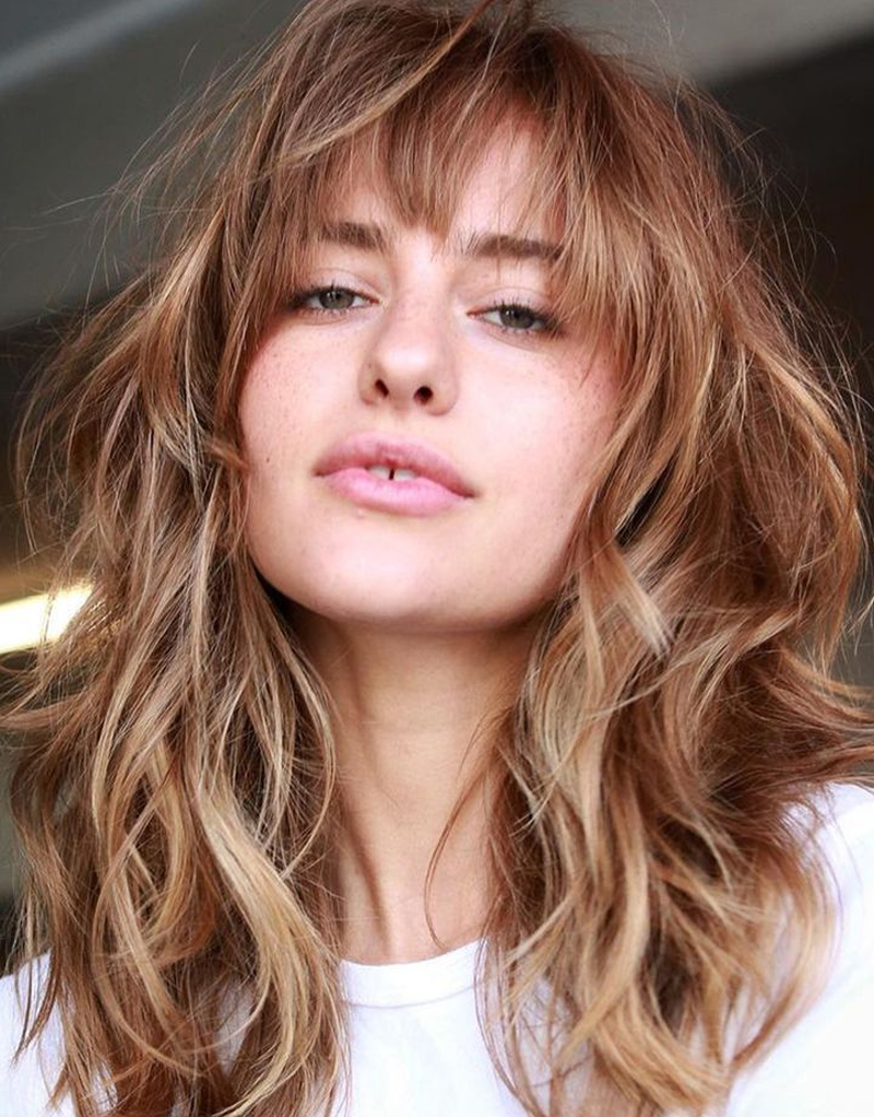 Casual White Tee and Layered Blonde Wispy Bangs