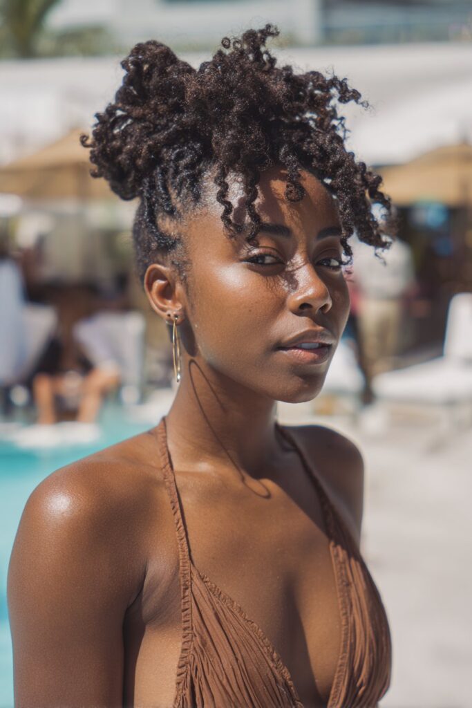 High Twisted Updo For Coily Hair — Swim Hairstyles