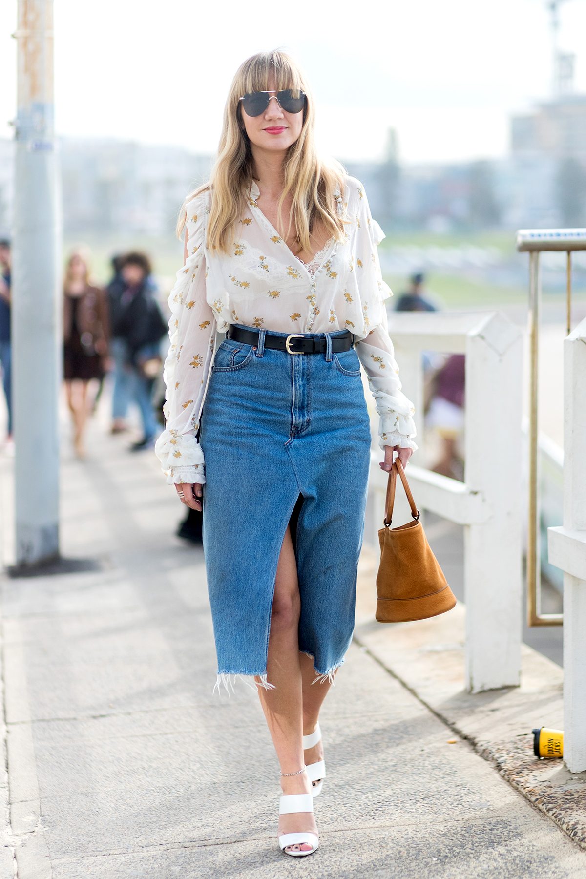Distressed Denim Midi Skirt with Sheer Blouse — Jean Skirt Outfits