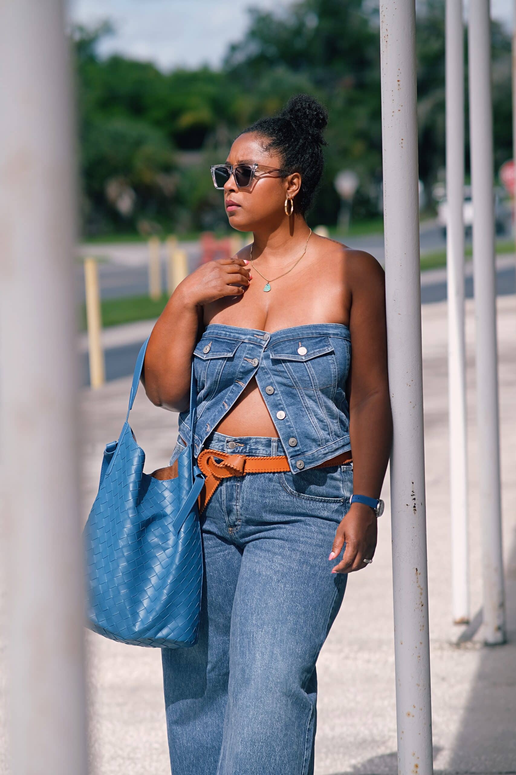 Denim Bandeau Top with Wide-Leg Jeans and Bold Accessories — Denim Outfits
