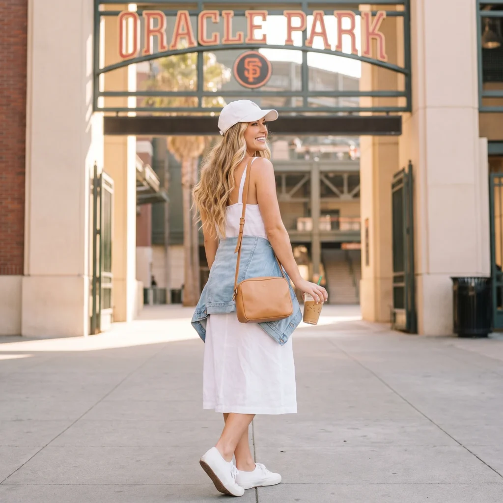 Denim Jacket Over a Linen Midi Dress with a Baseball Cap — Baseball Game Outfits