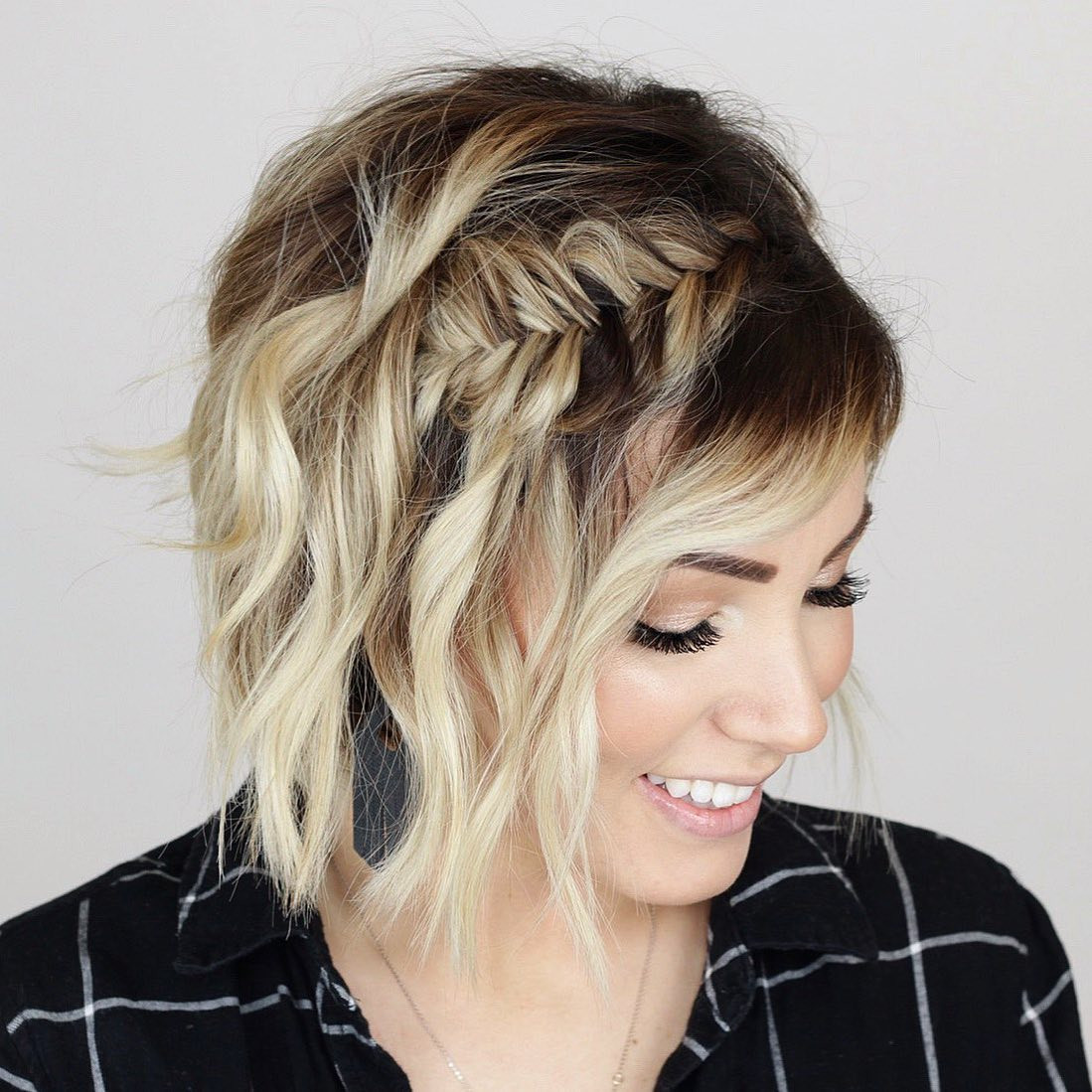 Blonde Bob With Dark Roots And Side Braids Blonde Bob With Dark Roots And Side Braids — Half Up Half Down Short Hair