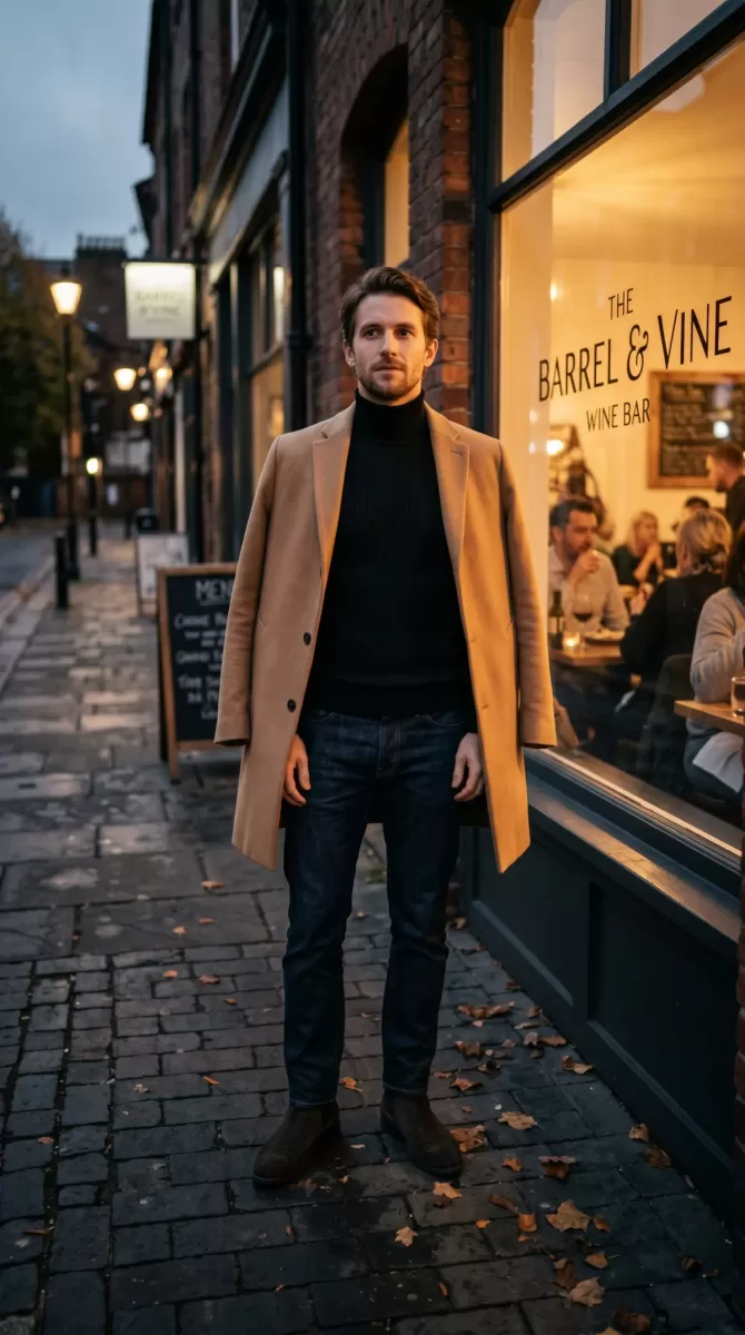 Elevated Camel Overcoat for a Chic Evening Date Elevated Camel Overcoat for a Chic Evening Date — Mens Date Night Outfits